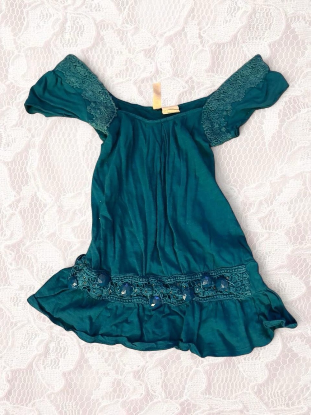 Eyeshadow Teal Off-Shoulder Tank Top with Lace & Bead Trim